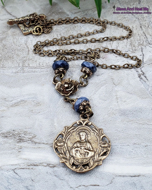 Blue Sapphire Sacred Heart of Jesus Bronze Ornate Antique Style Catholic Necklace Pendant Joy Happiness Hope Loyalty June birthstone