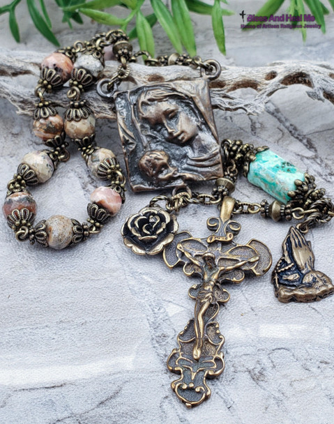 Mother Mary Baby Jesus Rhodonite Turquoise Bronze Antique style Ornate 1 decade Rosary Chaplet Unconditional Love Happiness Balance