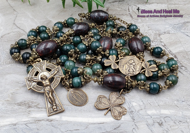 Mother Mary St Patrick Brigit Shamrock Green Agate Jasper Irish Celtic Bronze Rosary Protection Happiness Abundance