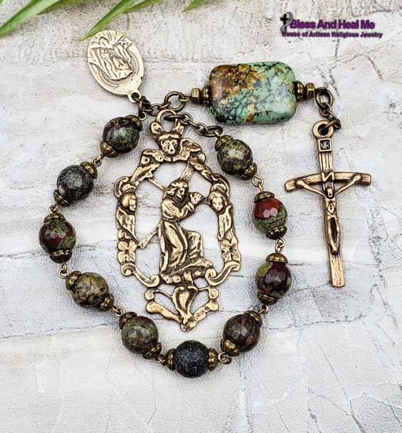 Jesus carrying the Cross Ecce Homo Face of Jesus Crown of Thorns Sorrowful Mother Easter Bloodstone Jasper Bronze Large Rosary Chaplet