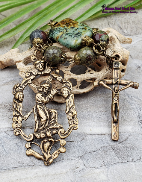 Jesus carrying the Cross Ecce Homo Face of Jesus Crown of Thorns Sorrowful Mother Easter Bloodstone Jasper Bronze Large Rosary Chaplet