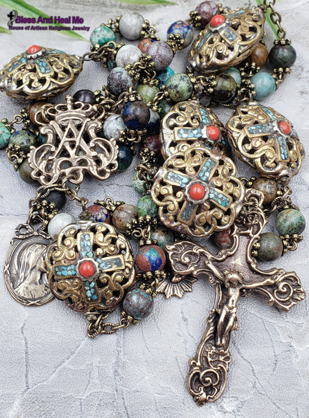 Blessed Virgin Mary Ornate Vintage Bronze Large Rosary