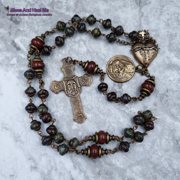 Holy Face of Jesus Sacred Bleeding Heart Pieta Bronze Bloodstone Jasper Chaplet