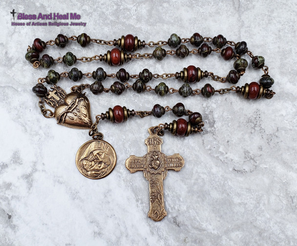 Holy Face of Jesus Sacred Bleeding Heart Pieta Bronze Bloodstone Jasper Chaplet