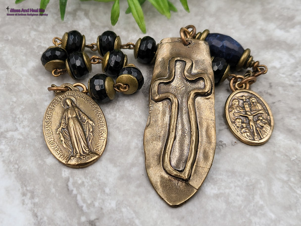 Miraculous Mary Sacred Heart Joseph Christopher Black Onyx Lapis Lazuli Bronze Mens Chaplet