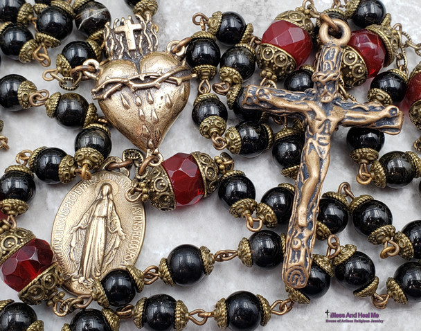 Sacred Bleeding Heart of Jesus Miraculous Mary Black Onyx Large Bronze Mens Rosary