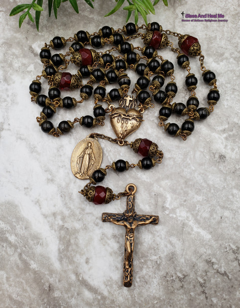 Sacred Bleeding Heart of Jesus Miraculous Mary Black Onyx Large Bronze Mens Rosary