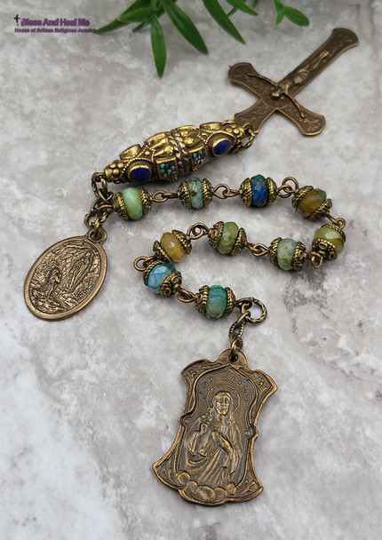 Sacred Heart of Jesus Mother Mary Lourdes Chrysocolla Ornate Bronze Chaplet