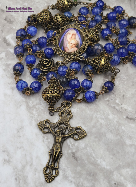 Mother Mary Baby Jesus Blue Agate Ornate Rosary bronze tone
