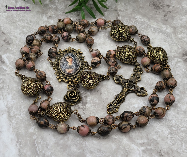 Blessed Virgin Mary Filigree Hearts Unconditional Love Rhodonite Ornate Rosary bronze tone