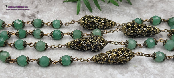 Our Lady of Lourdes Green Aventurine Flowers Bronze tone Ornate Rosary