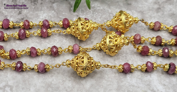 Blessed Virgin Mary Sacred Heart Joseph Christopher Pink Ruby 20k gold pltd Ornate Rosary July birthstone