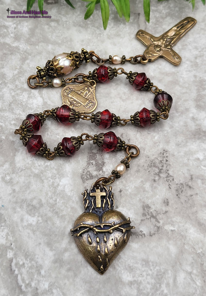 Sacred Heart Of Jesus Holy Blood Crucifixion Red Glass Pearl Bronze Ornate Chaplet