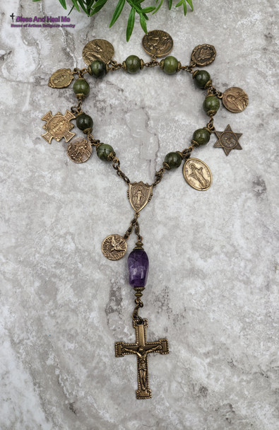 Healing Saints Jude Raphael Lourdes Therese Mary Amethyst Green Jade Bronze Chaplet