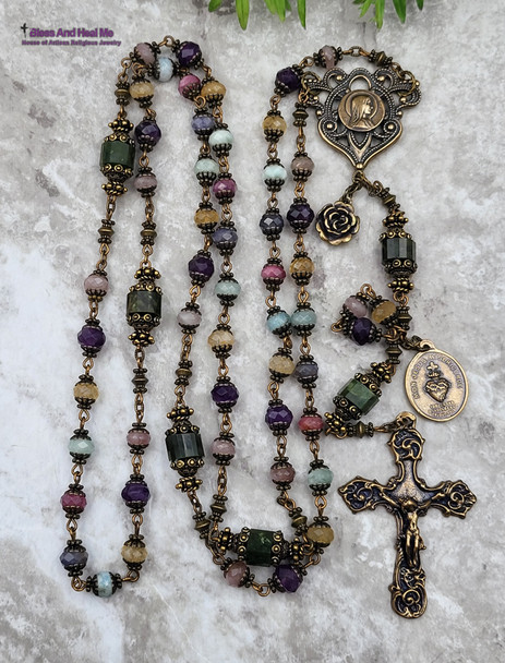 Virgin Mary Sacred Heart of Jesus Ruby Moonstone Aquamarine Tanzanite Citrine Amethyst Ornate Antique style Bronze Rosary