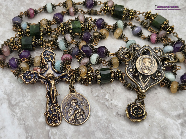 Virgin Mary Sacred Heart of Jesus Ruby Moonstone Aquamarine Tanzanite Citrine Amethyst Ornate Antique style Bronze Rosary