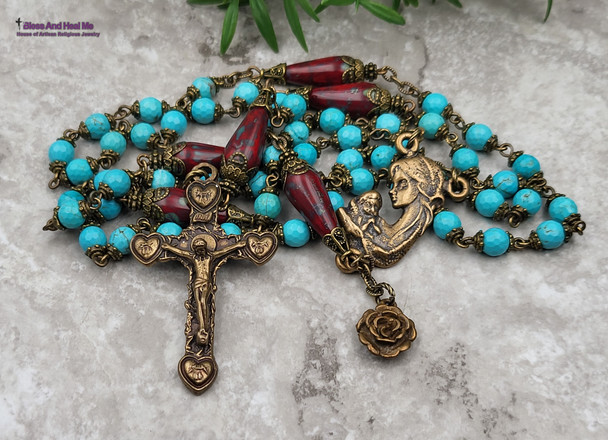 Mother Mary Baby Jesus Turquoise Bronze Antique Style Rosary