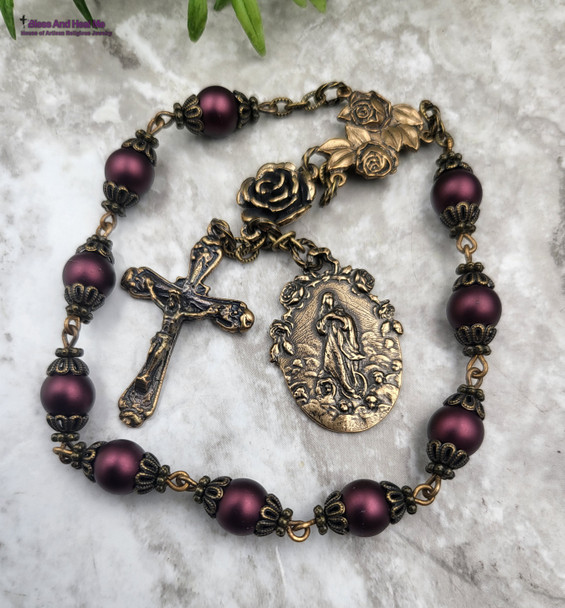 Assumption of Mary Sacred Heart Roses Plum Pearl Shell Bronze Ornate Chaplet