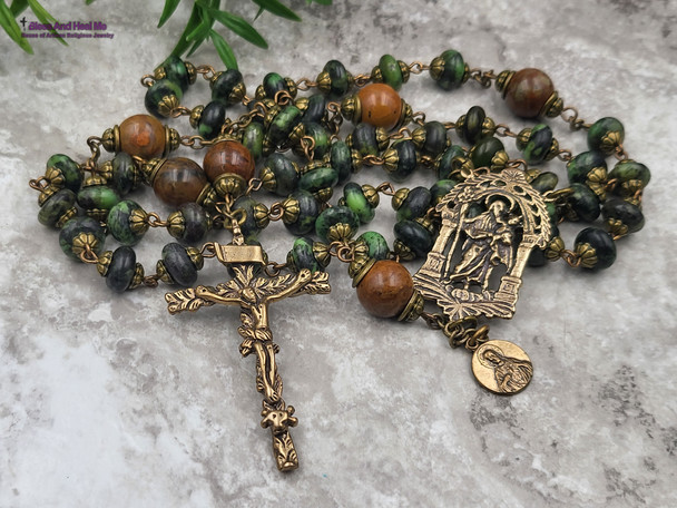 St Joseph Sacred Heart of Jesus Green Jasper Bronze Vintage Style Mens Rosary