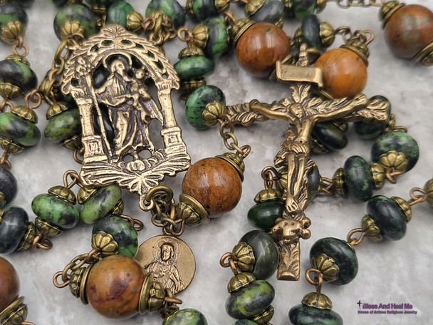 St Joseph Sacred Heart of Jesus Green Jasper Bronze Vintage Style Mens Rosary