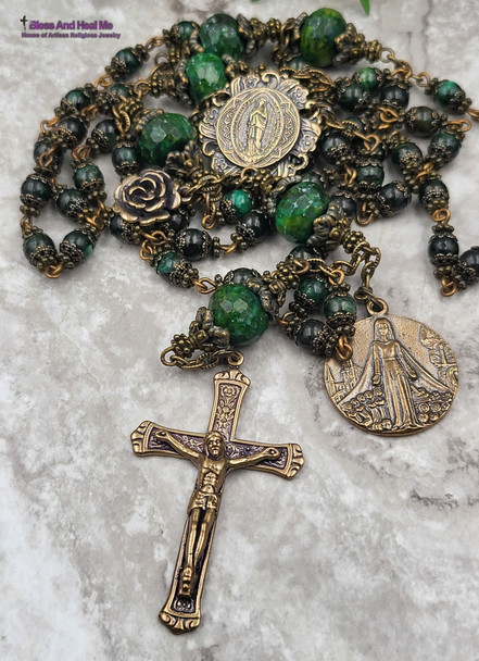 Virgin Mary Lourdes Green Muscovite Bronze Antique Style Rosary