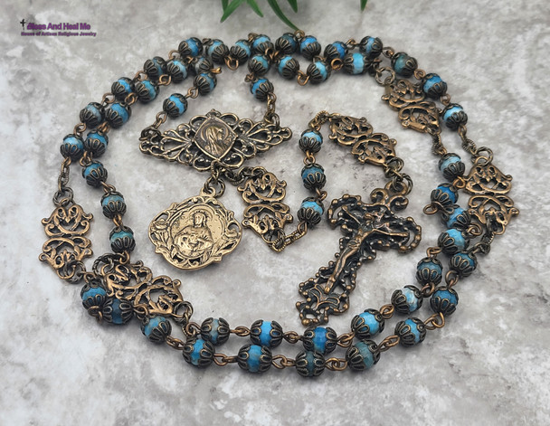 Virgin Mary Sacred Heart of Jesus Blue Apatite Bronze Antique Style Rosary