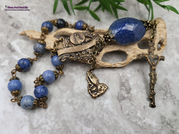 Lady of Charity Blue Agate Dumortierite Bronze Antique Style Chaplet