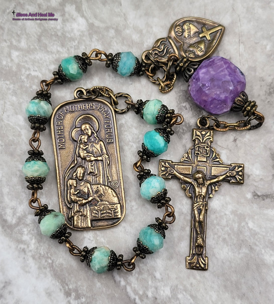 Mother of Mothers Sacred Heart Amazonite Charoite Bronze Ornate Chaplet