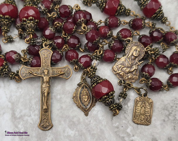 Pierced Heart of Mary Assumption Immaculate Conception Red Quartz Bronze Ornate Rosary