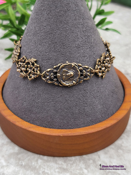 Sacred Heart of Jesus Solid Bronze Antique Style Ornate Floral Women's Bracelet