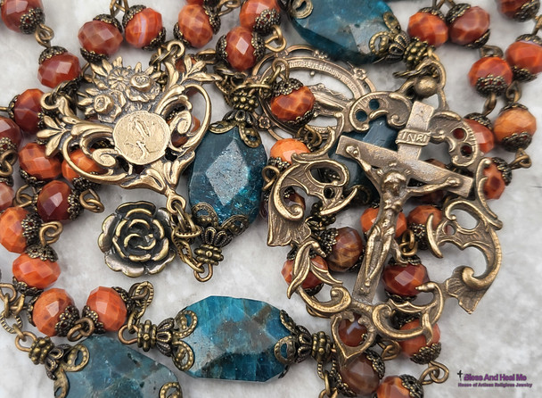 Lourdes Miraculous Mary Agate Apatite Bronze Ornate Antique Style Rosary