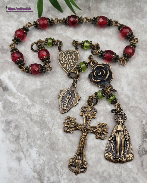 Ave Maria Queen of Heaven Snake Genuine Red Amber Bronze Ornate Chaplet