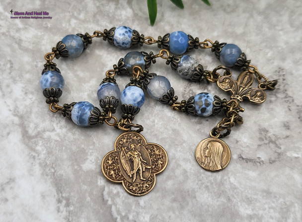 Archangel Raphael Lourdes Therese Blue Agate Bronze Antique Style Chaplet