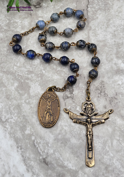 Holy Trinity Sacraments Devotional Sodalite Lapis Bronze Antique Style Chaplet