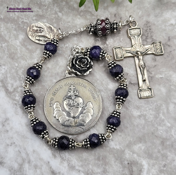 Mary with Snake at her feet Lourdes Sacred Heart Sapphire Ruby Sterling plated Ornate Chaplet