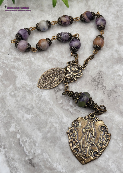 Assumption of Mary Lilies Immaculate Conception Lourdes Fluorite Charoite Bronze Chaplet