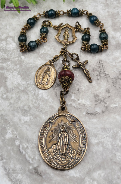 Immaculate Mary Miraculous Lourdes Blue Apatite Bronze Ornate Chaplet