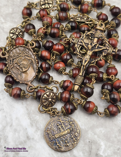 Chaplet of Precious Blood Crown of Thorns Red Tiger Eye Bronze Antique Style