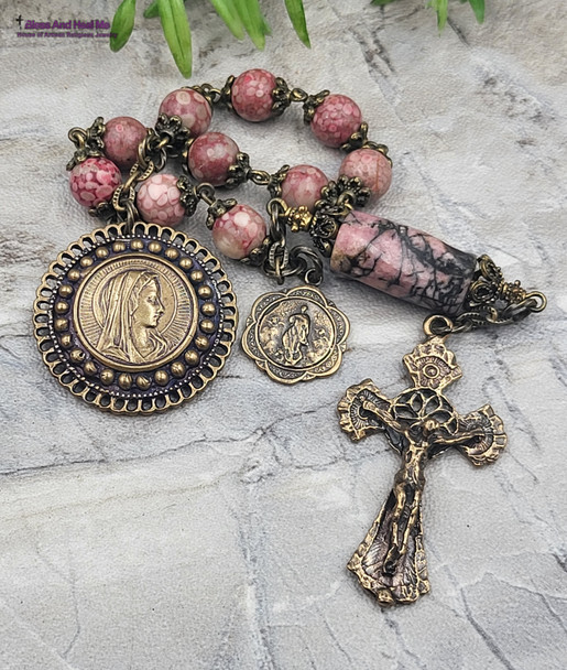 Virgin Mary Assumption Rhodonite Pink Coral Bronze Ornate Antique Style Chaplet