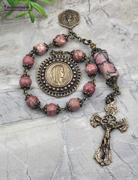 Virgin Mary Assumption Rhodonite Pink Coral Bronze Ornate Antique Style Chaplet