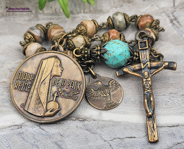 Our Lady of Peace Rhodochosite Turquoise Bronze Antique Style Chaplet