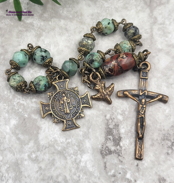 St Benedict Holy Spirit Turquoise Jasper Bronze Antique Style mens Chaplet