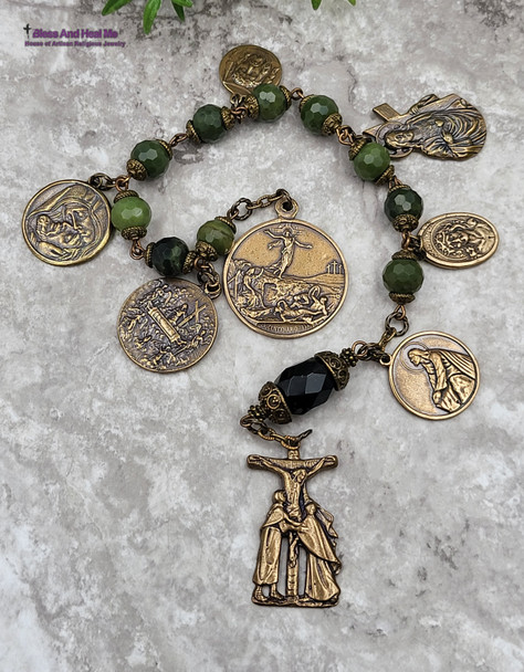 Passion of Jesus Green Jade Bronze Antique Style Large Chaplet