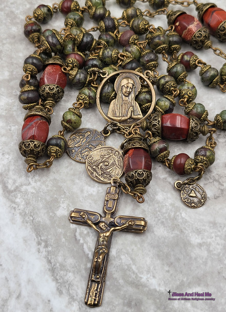 Archangel Raphael Michael Mary Jesus Bronze Bloodstone Antique Style Rosary