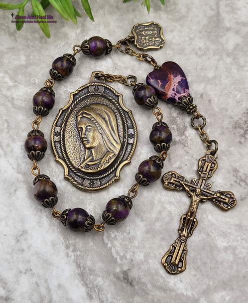 Lady of Medjugorie Lourdes Purple Quartz Vintage Bronze Chaplet