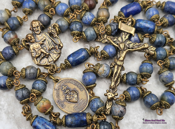 St Joseph Sacred Heart Blue Dumortierite Lapis Bronze Antique style Rosary