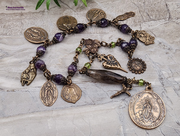 Marys Apparitions Immaculate Amethyst Vintage Bronze Ornate Antique Style Chaplet