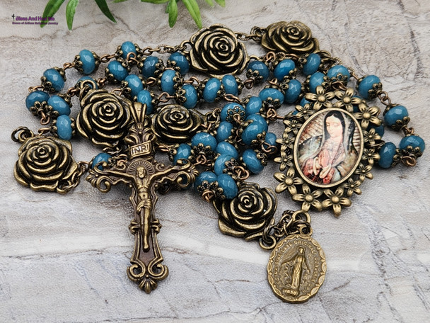 Lady of Guadalupe Miraculous Mary Roses Blue Jade Ornate Bronze Tone Rosary