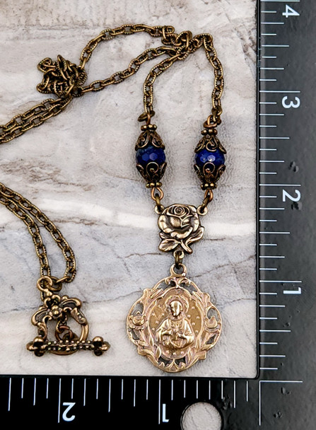 Sacred Heart of Jesus Lapis Bronze Antique Style Catholic Necklace Pendant