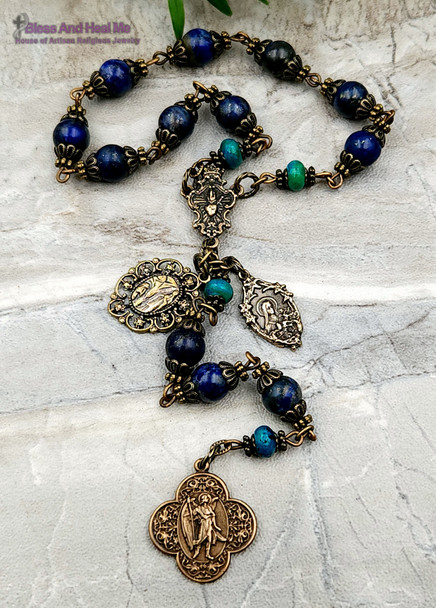 Raphael Lourdes Therese Lapis Chrysocolla Antique Style Vintage Bronze Chaplet